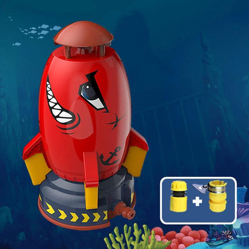 Mandotos rocket launcher toy for kids, outdoor water pressure sprinkler spraying water in garden lawn during summer.
