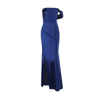 Long satin bridesmaid dress with off-shoulder design, slit, mermaid style, corset bodice, formal gown by MANDOTOS.