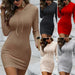 Mandotos seductive polyester mini dress in red, grey, brown, black, or apricot, available in sizes S to XL, shown on a model.
