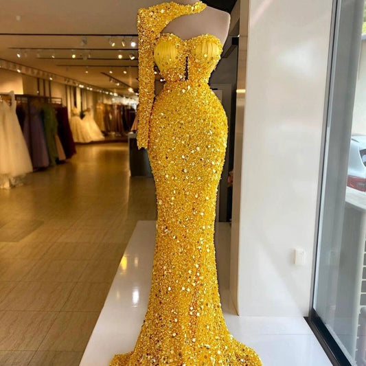 Mandotos sequined pear-shaped dress with embroidery lace, asymmetric design, and single sleeve for elegant evening wear.