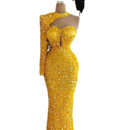 Mandotos sequined pear-shaped dress with embroidery lace, asymmetric design, and single sleeve for elegant evening wear.