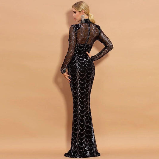 Mandotos sequins women's maxi dress with long sleeves, perfect for parties and evening events.