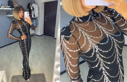 Mandotos sequins women’s maxi dress with long sleeves, elegant party dress with shimmering sequin details for special occasions