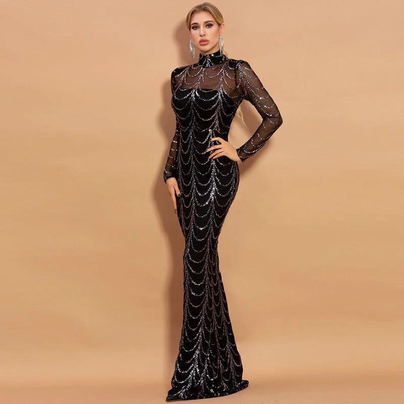 Mandotos sequins women's maxi dress with long sleeves, perfect for parties and evening events.