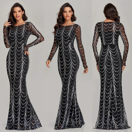 Mandotos sequins women’s long sleeve maxi dress, elegant party dress with shimmering sequin details and flowing silhouette.