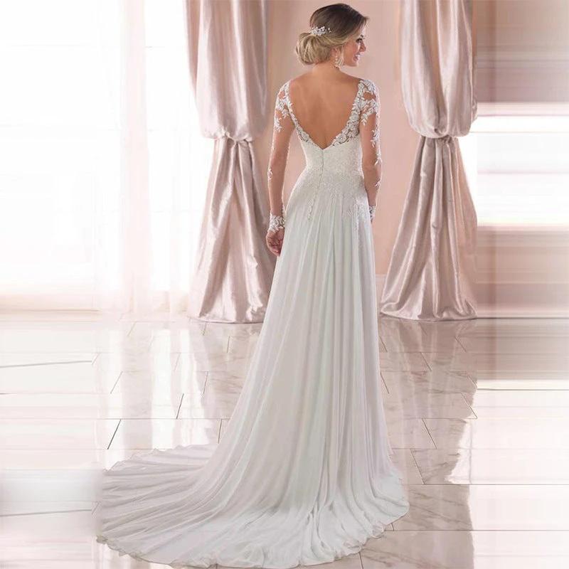 White backless deep V-neck wedding dress for women by MANDOTOS, elegant evening dress with a sexy, open-back design.