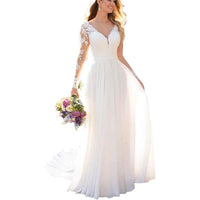 White backless deep V-neck wedding dress for women by MANDOTOS, elegant evening gown with a sexy, stylish design.