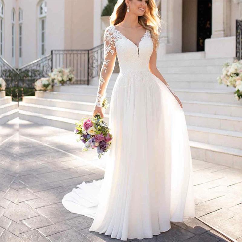 White MANDOTOS backless deep V-neck wedding dress for women, elegant evening gown with a sleek silhouette and stylish design.