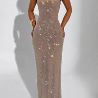 Mandotos sexy double-shoulder strap sequins net drill suspenders dress, stylish evening outfit with shimmering details