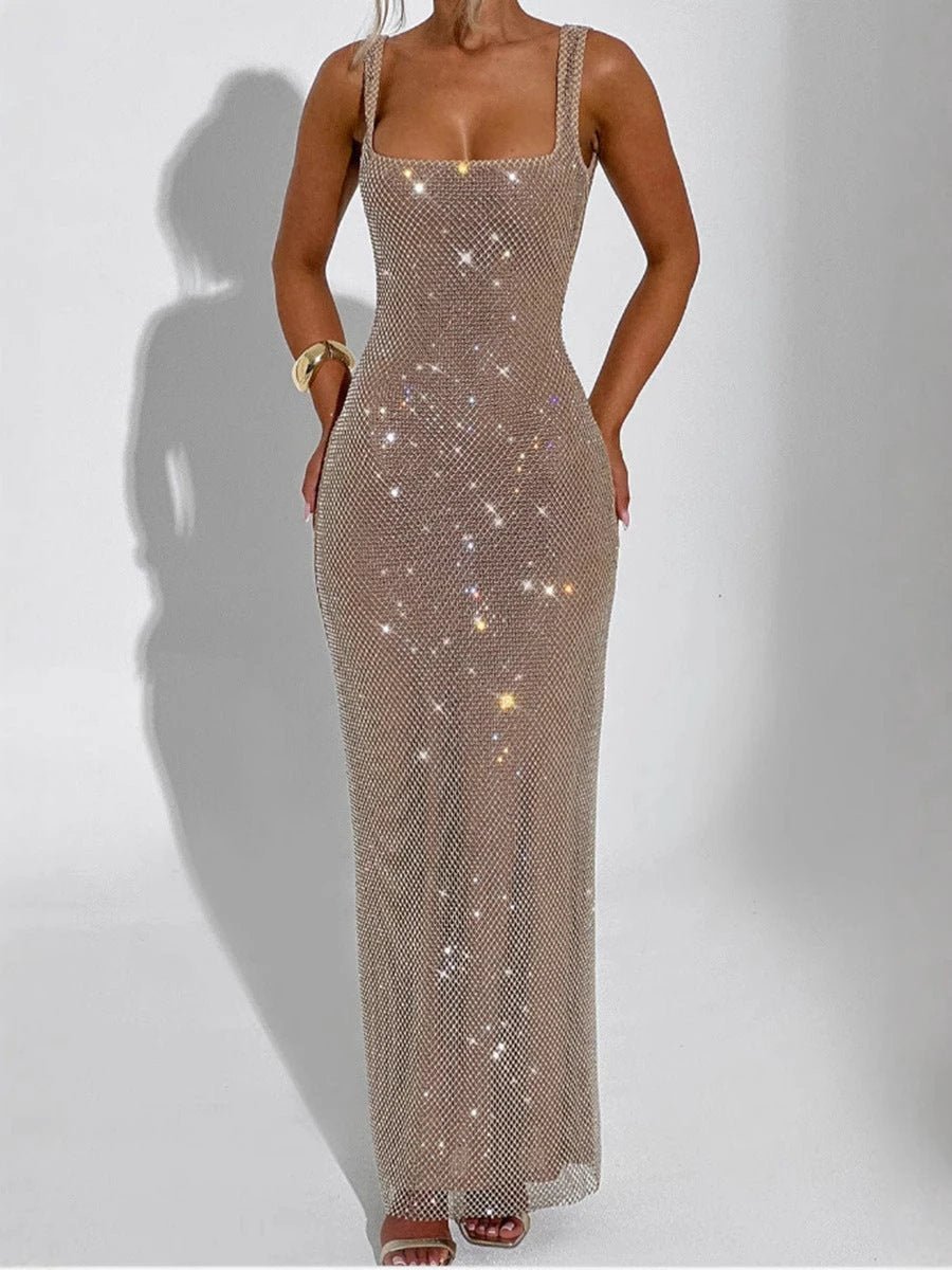 Mandotos sexy double-shoulder strap sequins net drill suspenders dress, stylish evening outfit with shimmering details