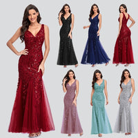 Mandotos sleeveless long mermaid dress with V-neck, embroidered sequins, slim fit, perfect for elegant evening occasions.