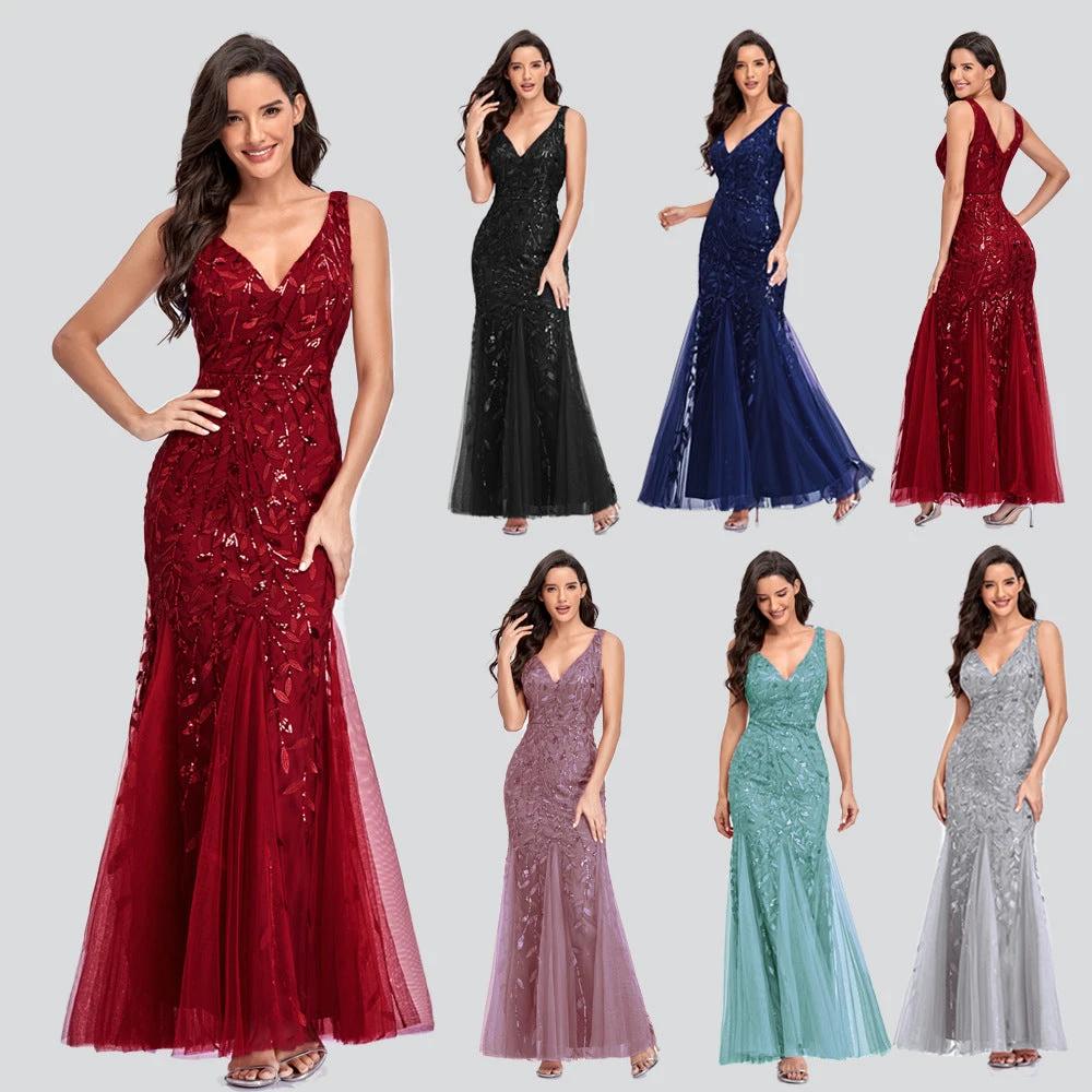 Mandotos sleeveless long mermaid dress with V-neck, embroidered sequins, slim fit, perfect for elegant evening occasions.