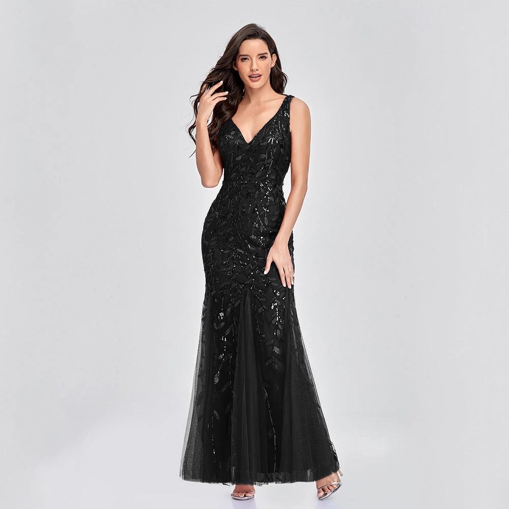 Mandotos sleeveless V-neck embroidered sequin slim mermaid long dress, elegant and form-fitting for formal occasions.