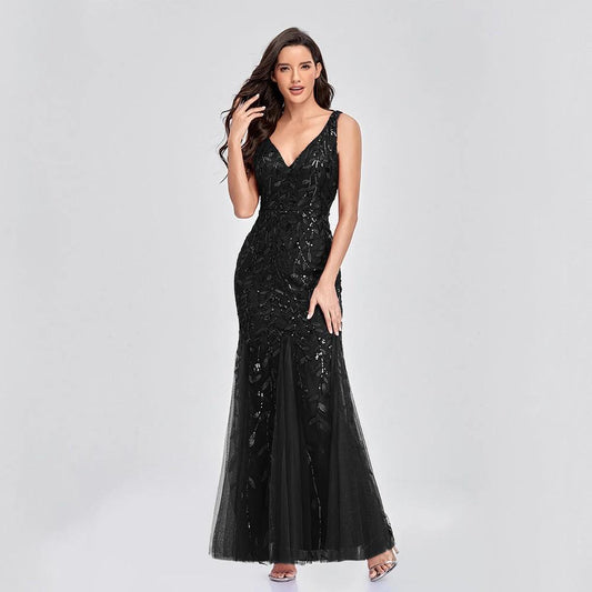 Mandotos sleeveless V-neck embroidered sequin slim mermaid long dress, elegant and form-fitting for formal occasions.