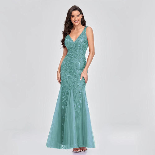 Mandotos sleeveless V-neck embroidered sequin mermaid dress, slim fit, elegant long dress with intricate embroidery and shimmering sequins.