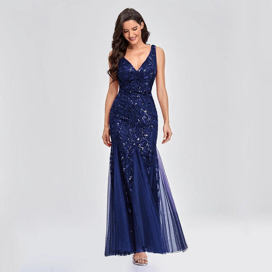 Mandotos sleeveless V-neck embroidered sequin mermaid dress, long and slim fit, elegant evening gown with intricate detailing.