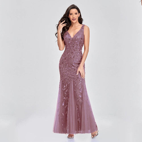 Mandotos sleeveless long mermaid dress with V-neck, embroidered sequins, and slim fit for elegant evening wear.