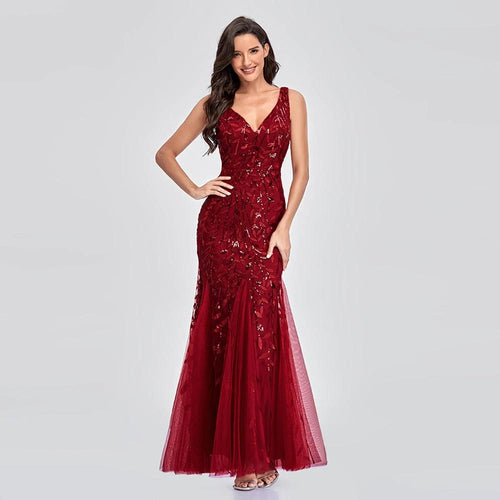 Mandotos sexy sleeveless long mermaid dress with V-neck, embroidered sequins, and slim fit for elegant evening wear.