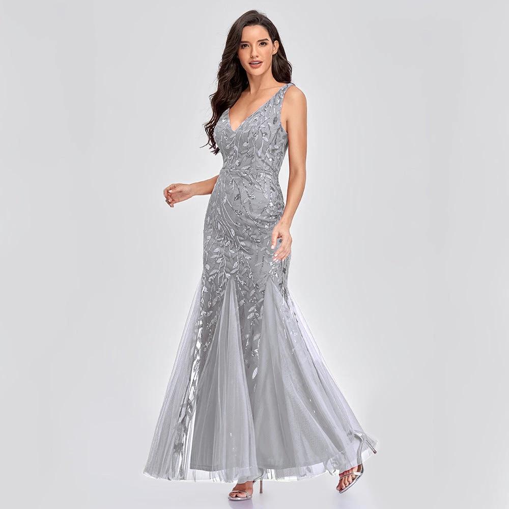 Mandotos sleeveless V-neck embroidered sequin long mermaid dress, slim fit, elegant evening gown with intricate detailing.