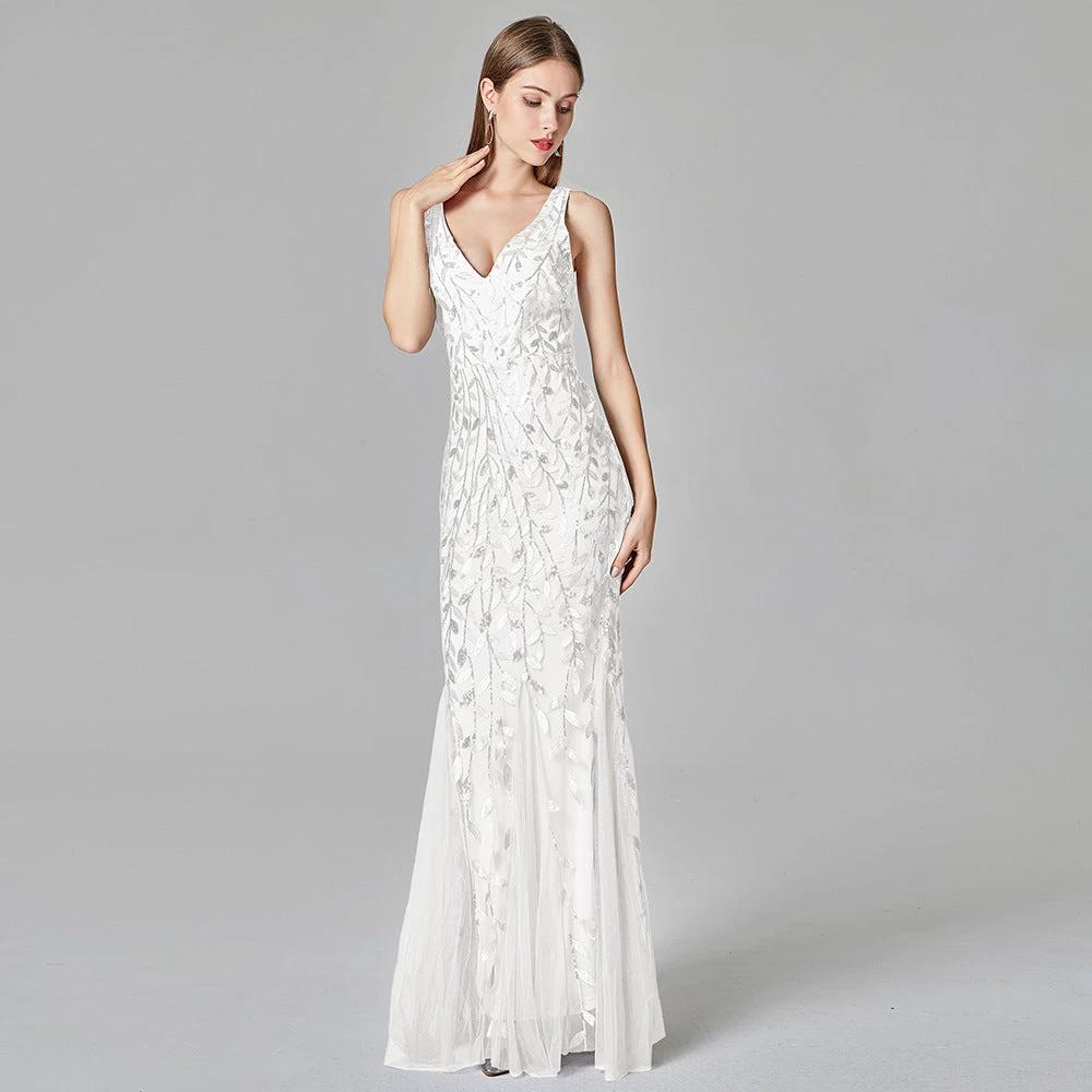 Mandotos sleeveless long mermaid dress with V-neck, embroidered sequins, slim fit, perfect for elegant occasions