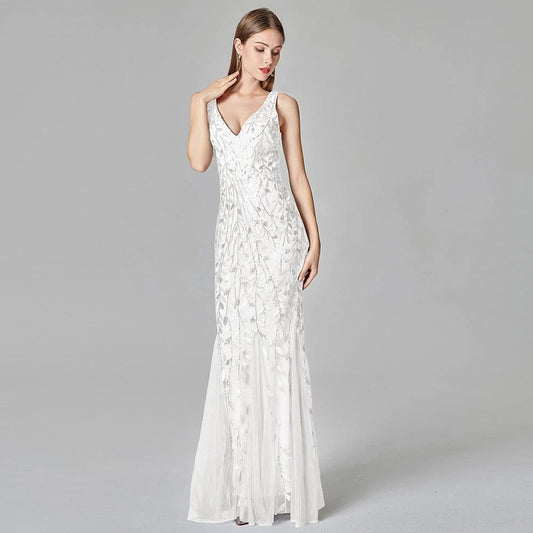 Mandotos sleeveless long mermaid dress with V-neck, embroidered sequins, slim fit, perfect for elegant occasions