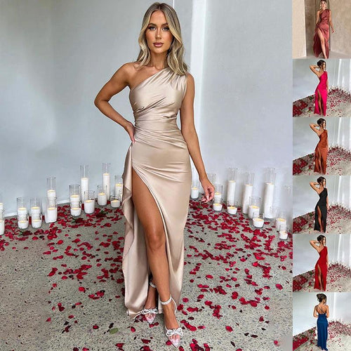 Elegant MANDOTOS women's one-shoulder backless satin dress with slit, slim fit, solid color, perfect for summer evening wear.