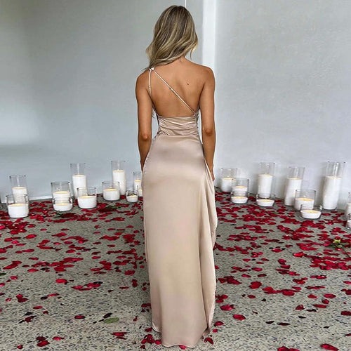 Elegant black one-shoulder backless satin dress with slit, slim-fit design, perfect for summer occasions, by MANDOTOS.