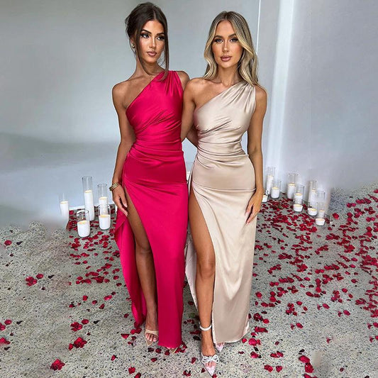 Mandotos sexy one-shoulder backless satin dress with slit, slim-fit, solid color, perfect for summer elegant occasions.