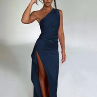 Mandotos sexy one-shoulder backless satin dress with slit, slim-fit, solid color, perfect for summer elegant occasions.