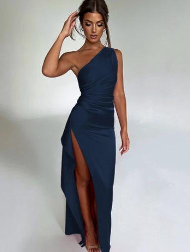 Mandotos sexy one-shoulder backless satin dress with slit, slim-fit, solid color, perfect for summer elegant occasions.