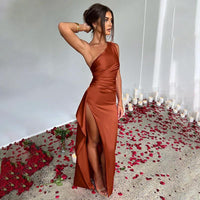 Elegant solid color satin one-shoulder backless slit dress by MANDOTOS, slim fit, perfect for summer occasions.