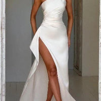 Mandotos women's sexy one-shoulder backless satin dress with slit, slim fit, solid color, perfect for summer elegant occasions