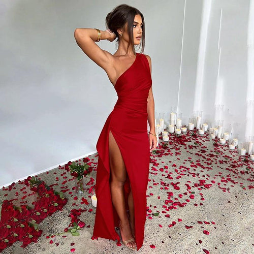 Mandotos elegant one-shoulder backless satin dress with slit, slim fit, solid color, perfect for summer occasions.