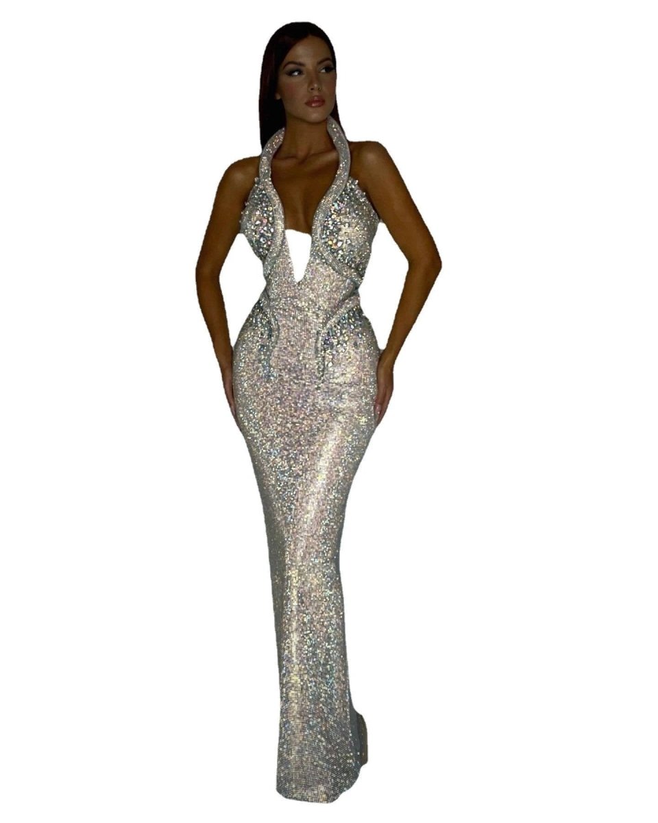 Mandotos sexy sequined banquet dress with sheath fit and trailing hem, perfect for elegant evening occasions.