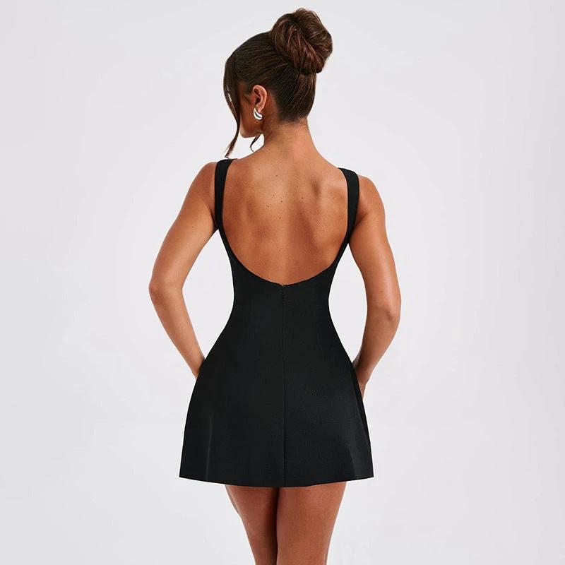 Mandotos slim-fitting backless summer sleeveless short dress, showcasing a stylish and fitted design perfect for warm weather.