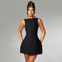 Mandotos sexy slim-fitting backless summer sleeveless short dress displayed on a model, perfect for warm weather occasions.