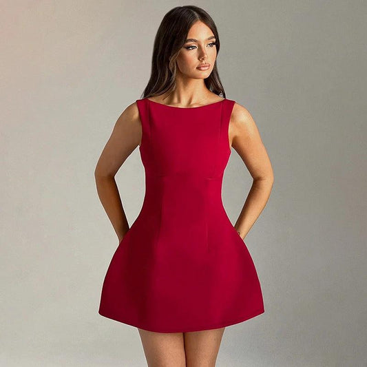 Slim-fitting backless summer dress by MANDOTOS featuring sleeveless, short design perfect for warm weather.