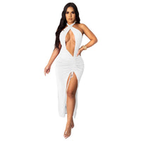 Mandotos sexy slim pleated high slit dress showing a fitted design with a thigh-high slit and elegant pleats.