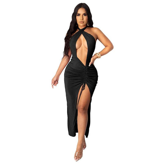 Mandotos sexy slim pleated high slit dress featuring a fitted silhouette and elegant design perfect for evening wear.