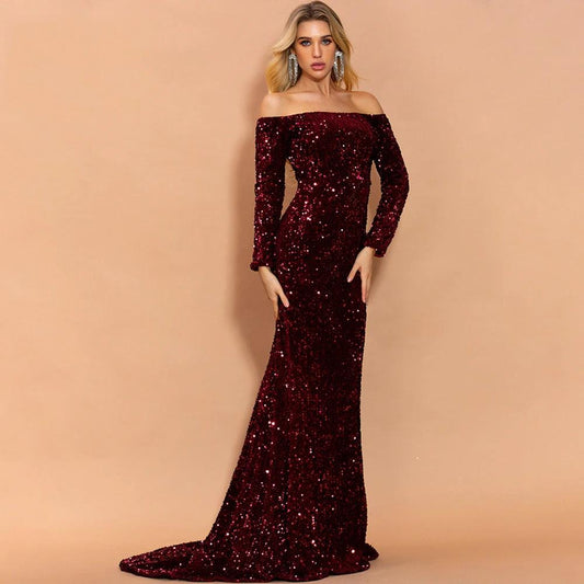Mandotos sexy strapless long sleeve sequins evening dress, elegant party gown with shimmering embellishments.