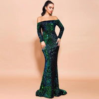 Mandotos strapless long sleeve sequins evening dress, elegant party gown with shimmering sequin details and a fitted silhouette.