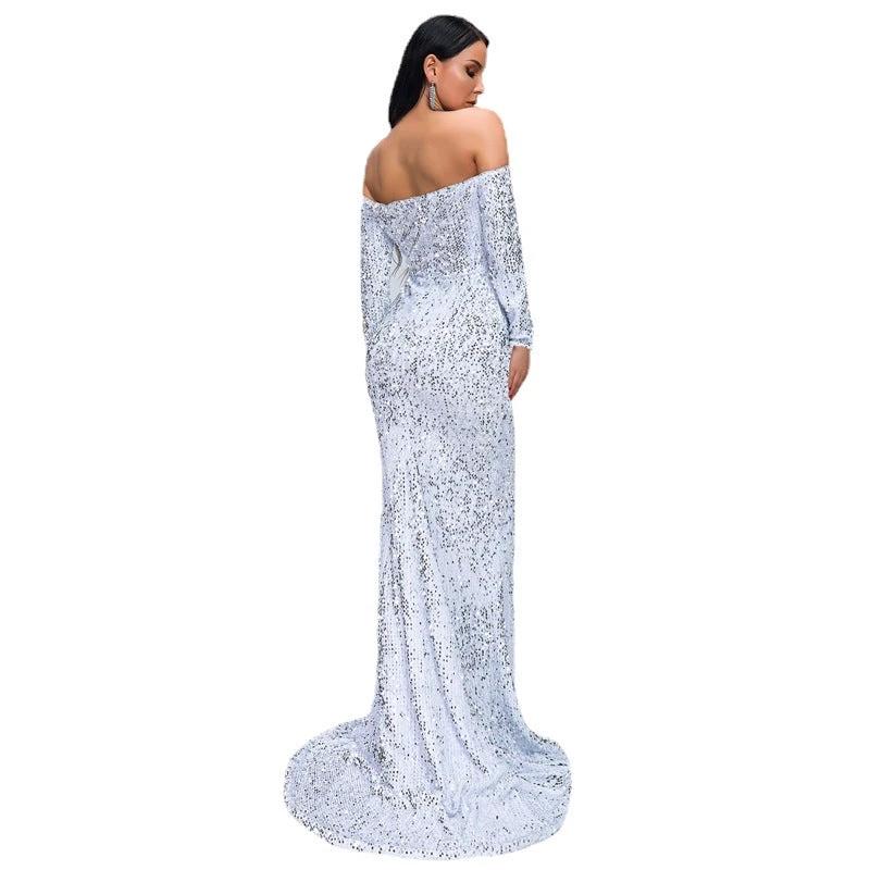 Mandotos sexy strapless long sleeve sequins evening dress, sparkling party gown with elegant design for special occasions