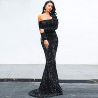 Mandotos strapless long sleeve sequins evening dress with a fitted silhouette, perfect for party and formal events.