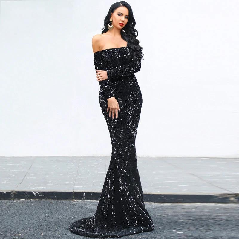 Mandotos strapless long sleeve sequins evening dress with a fitted silhouette, perfect for party and formal events.