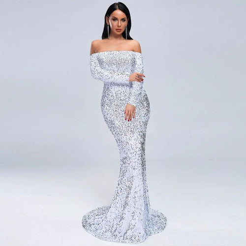 Mandotos strapless long sleeve sequins evening dress for parties, featuring a glamorous and elegant design with sparkling embellishments.