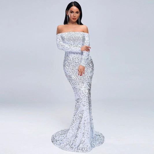Mandotos strapless long sleeve sequins evening dress for parties, featuring a glamorous and elegant design with sparkling embellishments.
