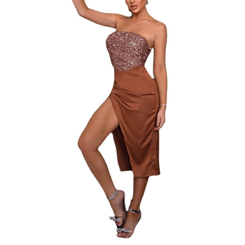 Mandotos sexy tube top evening dress with high slit, pure color sequins, elegant design for formal occasions.