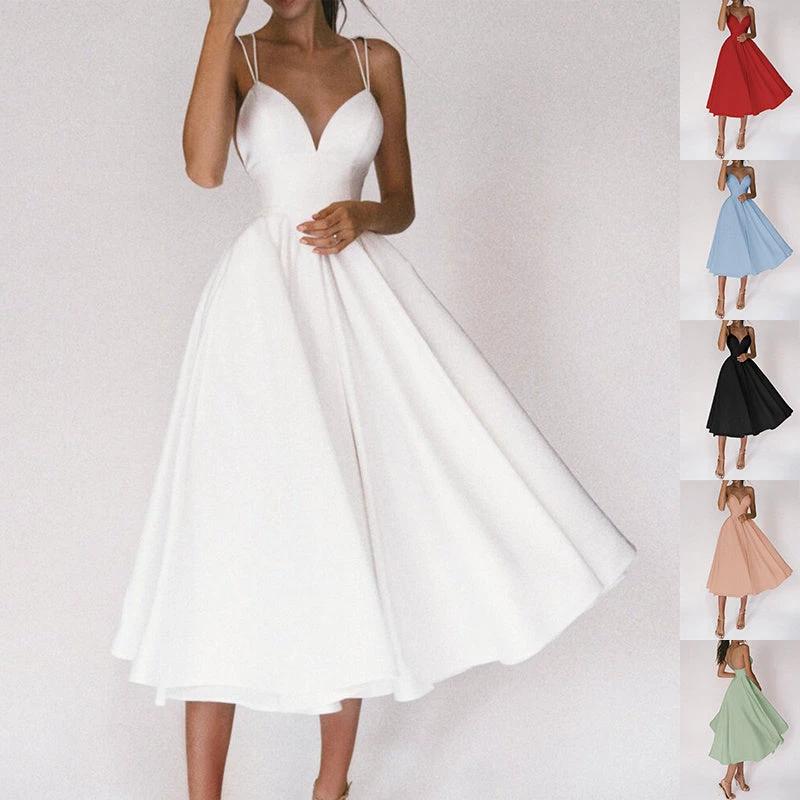 Mandotos women's sexy V-neck suspender dress, summer A-line long dress with suspender straps and stylish design.