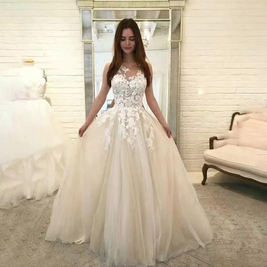 Mandotos sleeveless floral lace wedding dress with intricate flower appliqués, romantic bridal gown perfect for special occasions.
