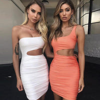 Mandotos slim one-shoulder short dress for women, featuring a sexy hollow mini design, perfect for fashionable occasions.